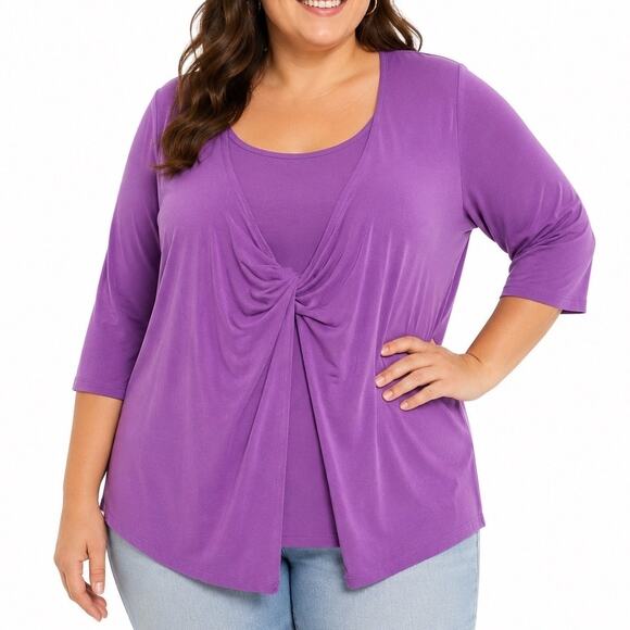 Just My Size Tops - 3X JMS Womans Purple Stretchy Jersey Draped Front 3/4th Sleeve Plus Size Blouse